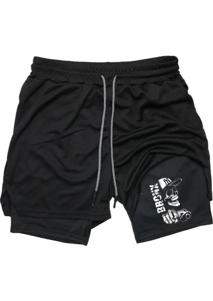 Baskılı Sporcu Şortu, Alt Siyah Tayt Görünümlü Çok Cepli Taytlı Spor Şortu Bronx