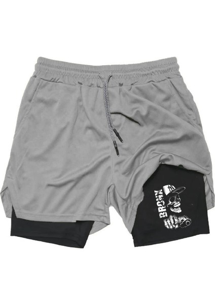 Baskılı Sporcu Şortu, Alt Siyah Tayt Görünümlü Çok Cepli Taytlı Spor Şortu Bronx
