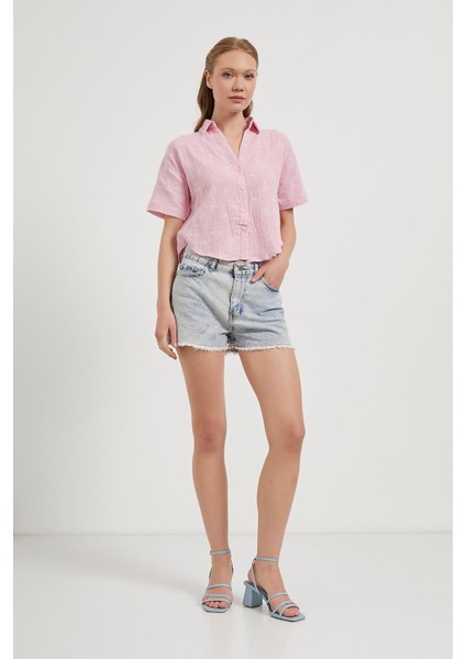 Nakış Detaylı Kısa Kol Yumuşak Dokulu %100 Pamuk Müslin Keten Kadın Gömlek modelleri