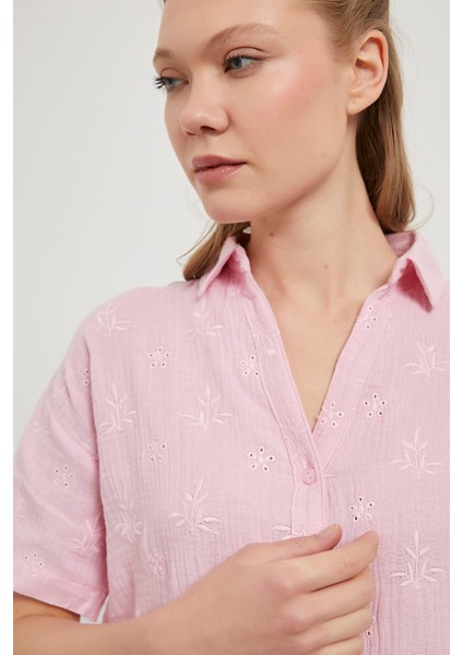 Nakış Detaylı Kısa Kol Yumuşak Dokulu %100 Pamuk Müslin Keten Kadın Gömlek fırsatları