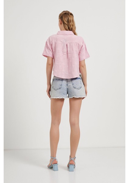 Nakış Detaylı Kısa Kol Yumuşak Dokulu %100 Pamuk Müslin Keten Kadın Gömlek indirimleri