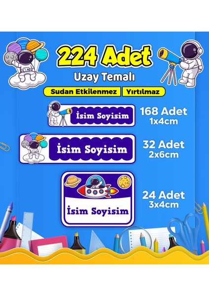 Uzay Temalı Okul Kreş Kişiye Özel Isim Etiket Seti - Model 533