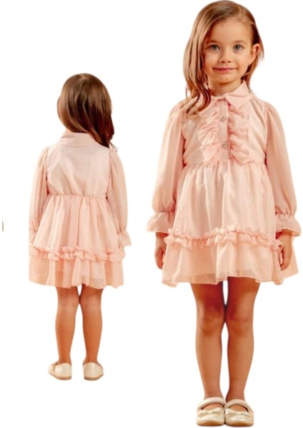 Lüks Kız Elbise Şifon Dantelli Astarlı Düğmeli Yakalı Gizli Fermuarlı elbise