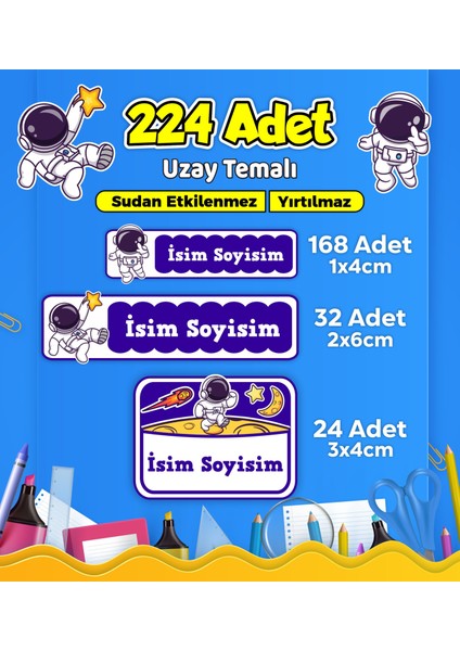 Uzay Temalı Okul Kreş Kişiye Özel Isim Etiket Seti - Model 532