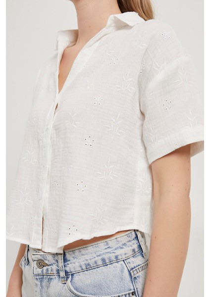 Nakış Detaylı Kısa Kol Yumuşak Dokulu %100 Pamuk Müslin Keten Kadın Gömlek fiyatları
