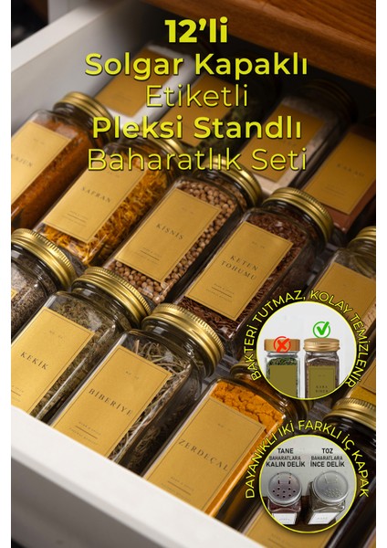 12'li Şeffaf Pleksi Standlı Cam Baharatlık Seti Kapaklı Etiketli Baharatlık Takımı MH02GLD12