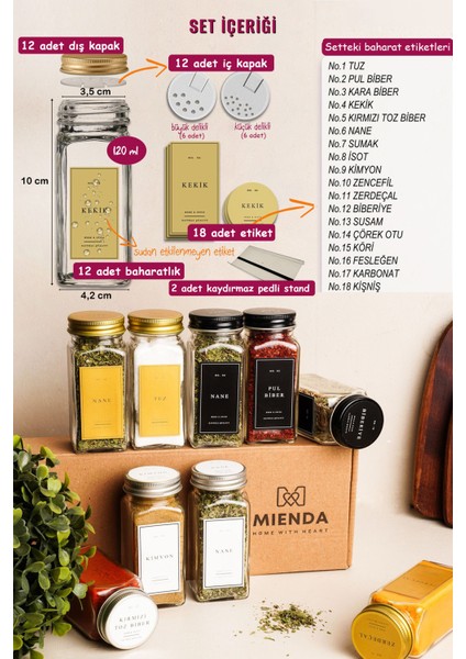 12'li Şeffaf Pleksi Standlı Cam Baharatlık Seti Kapaklı Etiketli Baharatlık Takımı MH02GLD12 modelleri