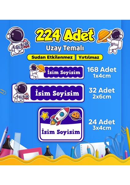 Uzay Temalı Okul Kreş Kişiye Özel Isim Etiket Seti - Model 537