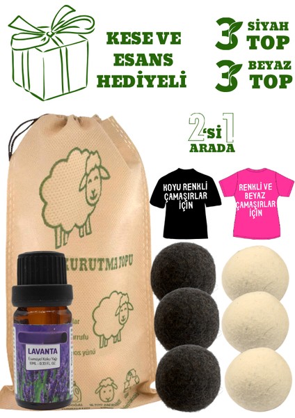 Karışık 6 Adet Çamaşır Yün Keçe Kurutma Topu Esans ve Kese Hediyeli