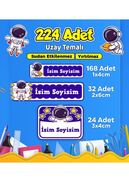 Uzay Temalı Okul Kreş Kişiye Özel Isim Etiket Seti - Model 534