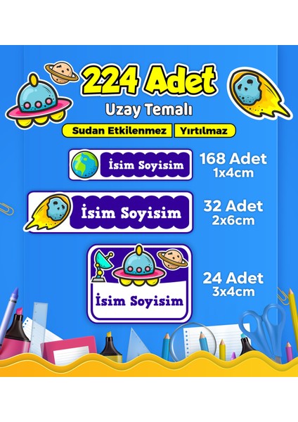 Uzay Temalı Okul Kreş Kişiye Özel Isim Etiket Seti - Model 538