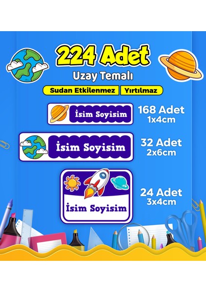 Uzay Temalı Okul Kreş Kişiye Özel Isim Etiket Seti - Model 539