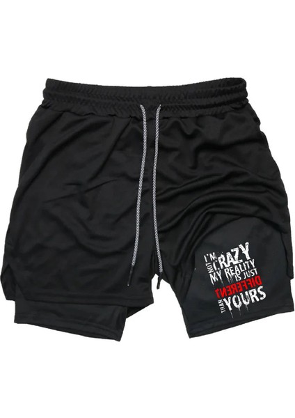 Baskılı Sporcu Şortu, Alt Siyah Tayt Görünümlü Çok Cepli Taytlı Spor Şortu Different