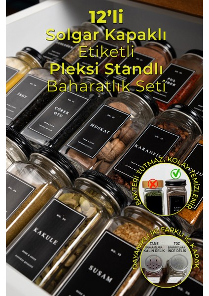 12'li Şeffaf Pleksi Standlı Cam Baharatlık Seti Kapaklı Etiketli Baharatlık Takımı MH02SYH12