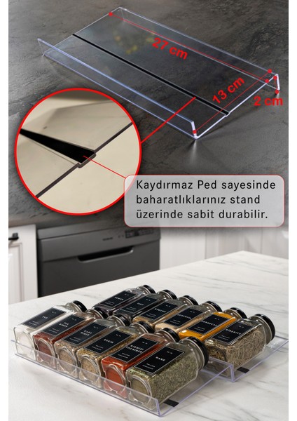 12'li Şeffaf Pleksi Standlı Cam Baharatlık Seti Kapaklı Etiketli Baharatlık Takımı MH02SYH12