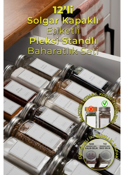 12'li Şeffaf Pleksi Standlı Cam Baharatlık Seti Kapaklı Etiketli Baharatlık Takımı MH02SLVR12