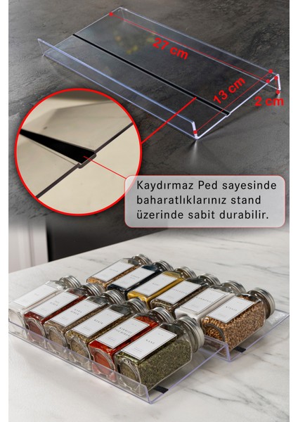 12'li Şeffaf Pleksi Standlı Cam Baharatlık Seti Kapaklı Etiketli Baharatlık Takımı MH02SLVR12