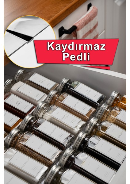12'li Şeffaf Pleksi Standlı Cam Baharatlık Seti Kapaklı Etiketli Baharatlık Takımı MH02GLD12