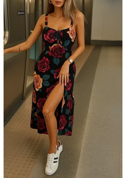 Kadın Askılı Geniş V Yakalı Sırttan Bağlamalı Yırtmaçlı Süprem Elbise modelleri