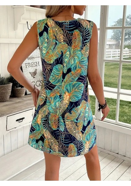 Kadın Sıfır Kollu Yuvarlak Yaka Desenli Süprem Elbise fiyatları