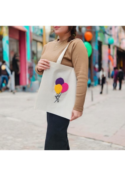 - El Yapımı Renkli Balon Figürlü Punch Bez Çanta – Mor, Sarı Ve Pembe Balon Desenli Bez Omuz Çantası fiyatları