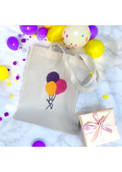 - El Yapımı Renkli Balon Figürlü Punch Bez Çanta – Mor, Sarı Ve Pembe Balon Desenli Bez Omuz Çantası modelleri