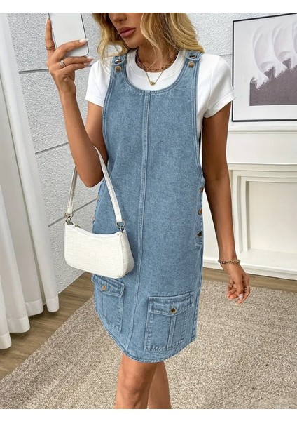 Kadın Askılı Yuvarlak Yaka A Kesim Cep Detaylı Kot Elbise