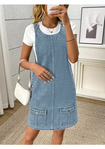 Kadın Askılı Yuvarlak Yaka A Kesim Cep Detaylı Kot Elbise fiyatları