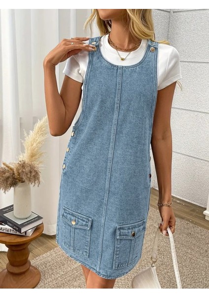 Kadın Askılı Yuvarlak Yaka A Kesim Cep Detaylı Kot Elbise fırsatları