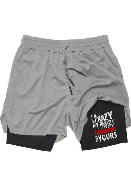 Baskılı Sporcu Şortu, Alt Siyah Tayt Görünümlü Çok Cepli Taytlı Spor Şortu Different