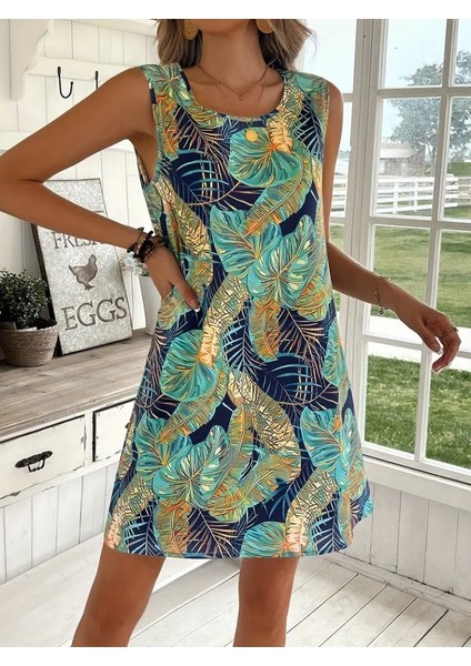 Kadın Sıfır Kollu Yuvarlak Yaka Desenli Süprem Elbise fırsatları