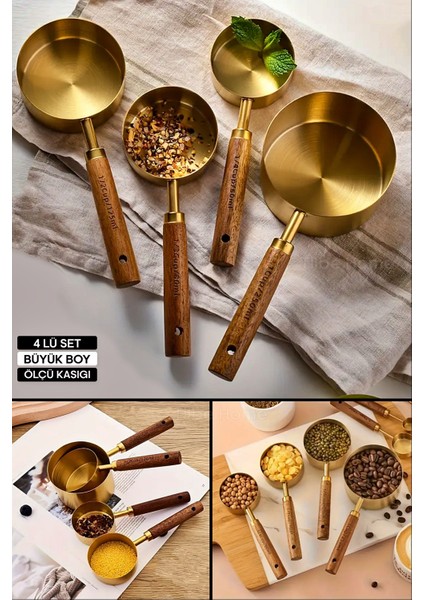 4lü Büyük Boy Paslanmaz Çelik Ahşap Saplı Gold Ölçü Kaşığı Seti Ölçü Kabı 60ML 80ML 125ML 250ML