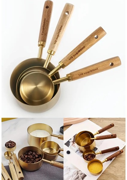 4lü Büyük Boy Paslanmaz Çelik Ahşap Saplı Gold Ölçü Kaşığı Seti Ölçü Kabı 60ML 80ML 125ML 250ML fiyatları