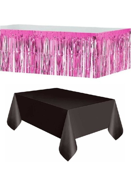 Pembe Metalize Masa Eteği ve Siyah Plastik Masa Örtüsü, Çok Renkli, Şık ve Dayanıklı
