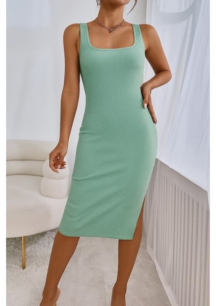 Miracotton Kadın Askılı Kare Yaka Yandan Yırtmaçlı Midi Kaşkorse Elbise