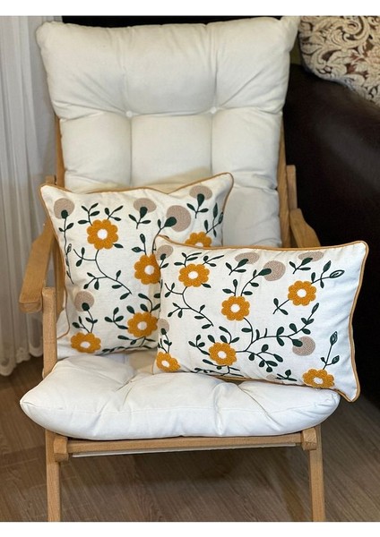 2’li Punch Nakışlı Çiçek Desenli Dekoratif Biyeli Kırlent Kılıfı Punç