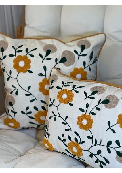 2’li Punch Nakışlı Çiçek Desenli Dekoratif Biyeli Kırlent Kılıfı Punç fiyatları