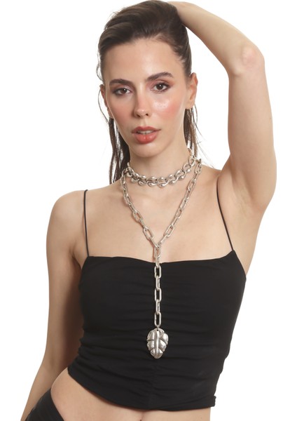 Kadın Antik Gümüş Kaplama 2' Li Yaprak Uçlu Tasarım Kolye& Choker