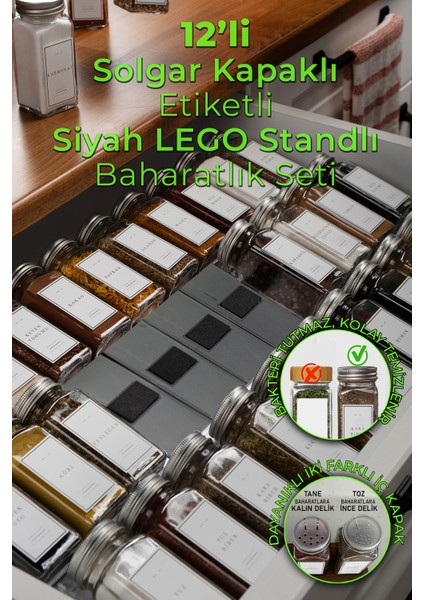 12'li Siyah Kristal Plexi Standlı Cam Baharatlık Seti Kapaklı Etiketli Baharatlık Takımı MH04SLVR12
