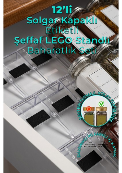 12'li Şeffaf Kristal Plexi Standlı Cam Baharatlık Seti Kapaklı Etiketli Baharatlık Takım MH03SLVR12