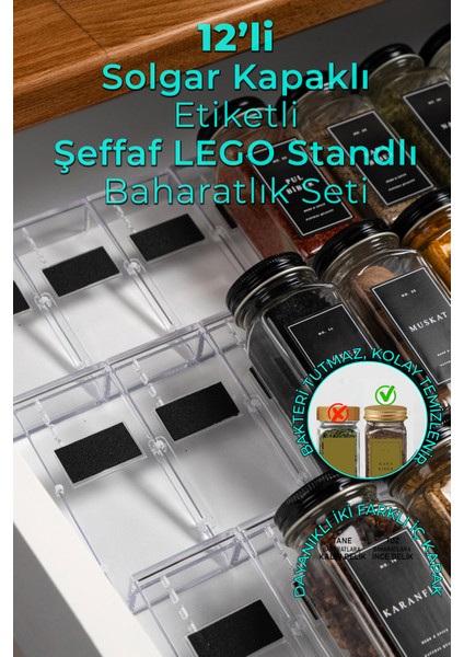 12'li Şeffaf Kristal Plexi Standlı Cam Baharatlık Seti Kapaklı Etiketli Baharatlık Takım MH03SYH12