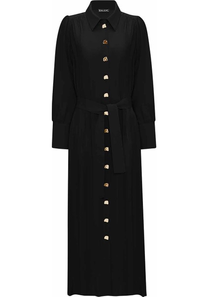 Siyah Düğme Detaylı Kuşaklı Gömlek Yaka Elbise T25Y-4020