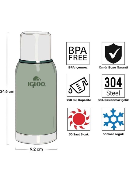 Renkli 750ML Klasik Termos Matara Yeşil, Şık ve Kullanışlı Tasarım