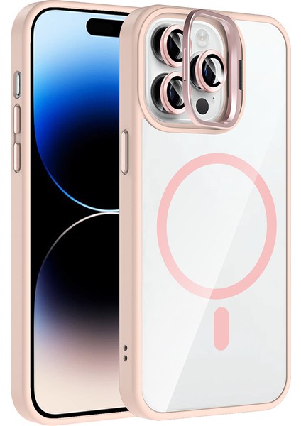 iPhone 14 Pro Max Kılıf Standlı ve Kamera Lens Hediyeli M-Safe Şarj Özellikli Nua Etro Kapak - Pemb