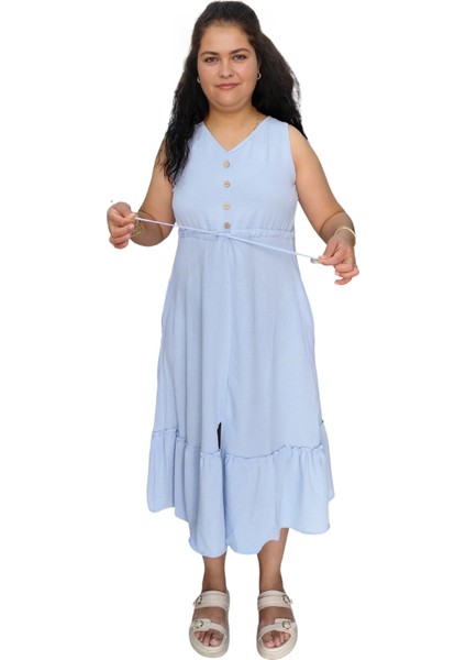 Kolsuz Beli Bağcıklı Midi Boy Cepli Esnek Ayrobin Elbise modelleri