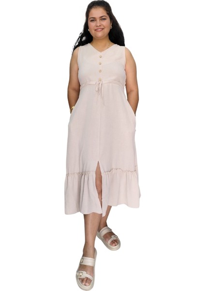 Kolsuz Beli Bağcıklı Midi Boy Cepli Esnek Ayrobin Elbise