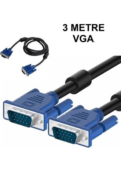 3 Metre VGA Kablo – Bilgisayar Pc Monitör Projeksiyon Uyumlu 15 Pin E/e
