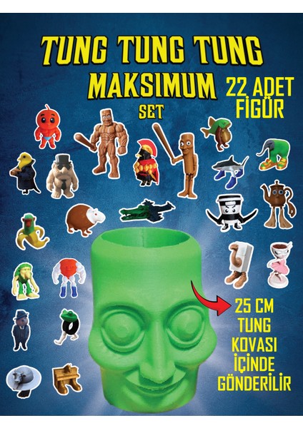 Tung Tung Tung Sahur Maksimum Set - 22 Adet Figür - 1 Adet Tung Kovası - Brainrot Figürleri
