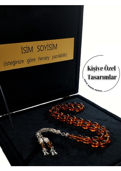 Ateş Kehribar Tesbih, Harfli Kişiye Özel Kadife Kutulu , Sıkma Kehribar ,tespih Gümüş Kaplama, Bal Rengi