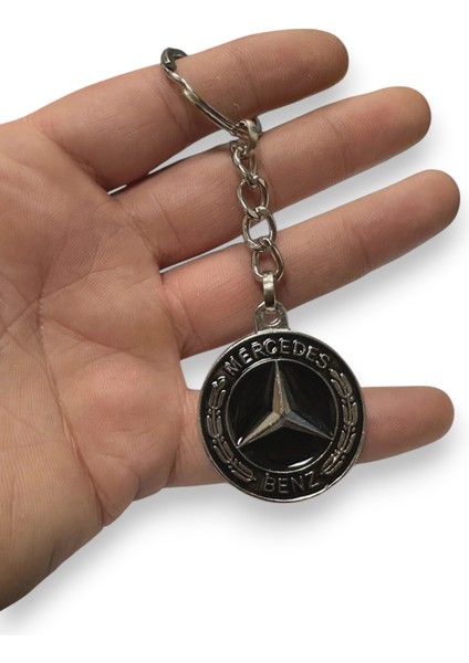 Mercedes Ile Metal Anahtarlık Araba Anahtarlığı Siyah Çift Taraflı